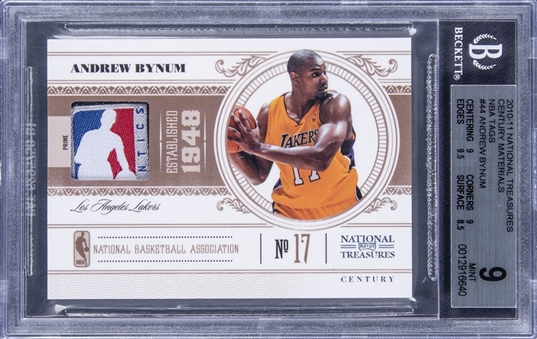 2010-11 Panini National Treasures "Century Materials" NBA Tags #44 Andrew Bynum Patch Card (#1/1) - BGS MINT 9